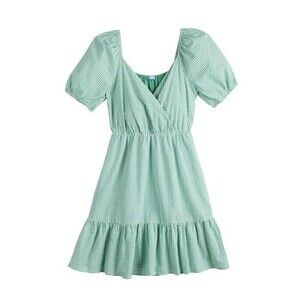 DRAPER JAMES RSVP Puff-Sleeve Surplice Dress mint green & white Gingham Pockets